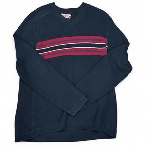 Eddie Bauer Men's V-Neck Sweater in Navy with Red Stripes